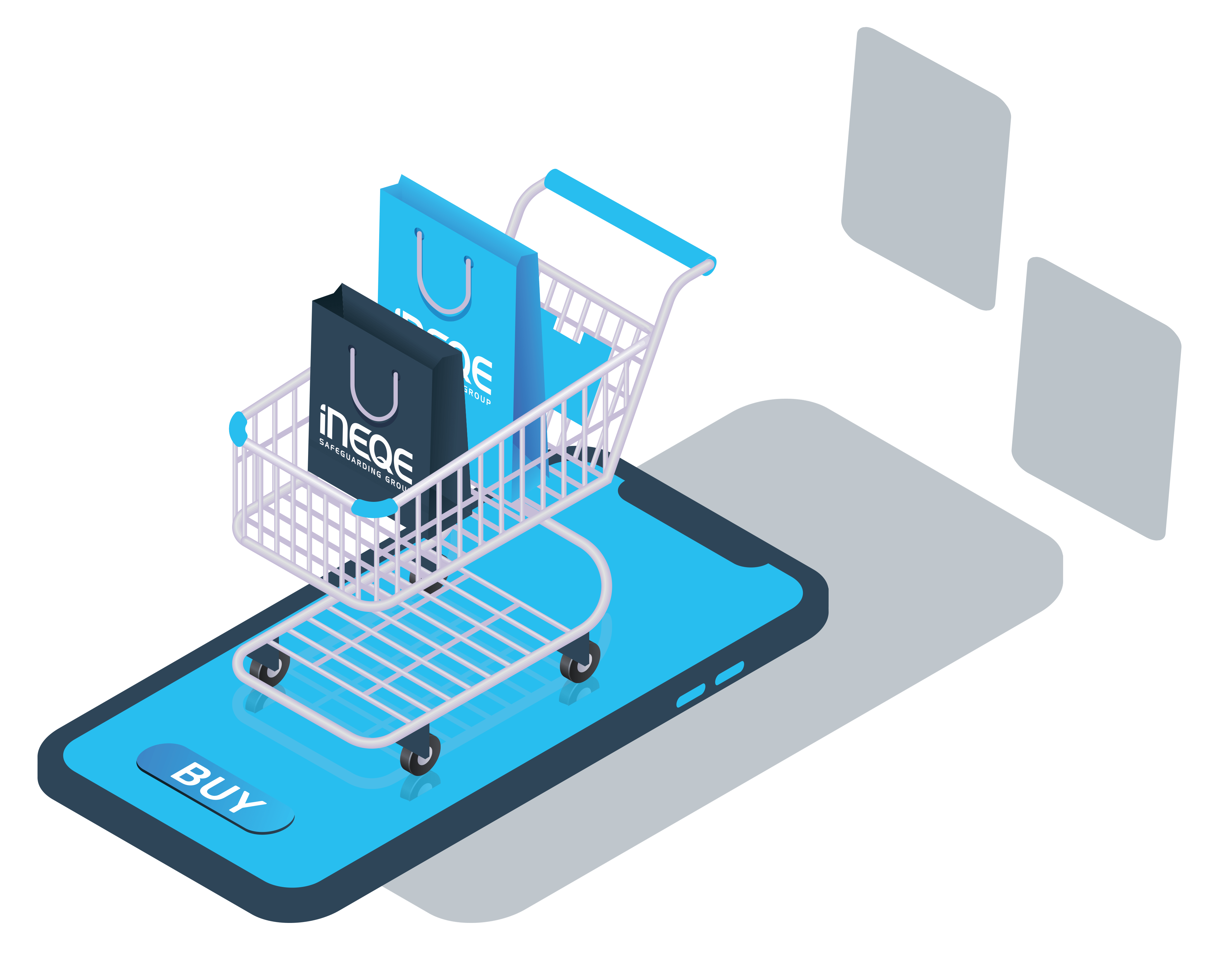 an illustration of a shopping trolly is shown on top of a mobile phone