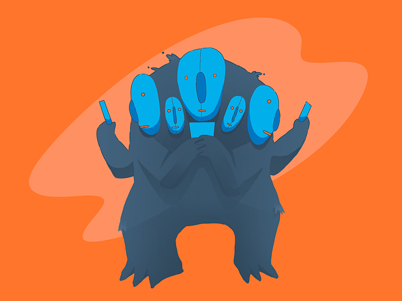 Illustration of a monster with 5 heads looking at phones