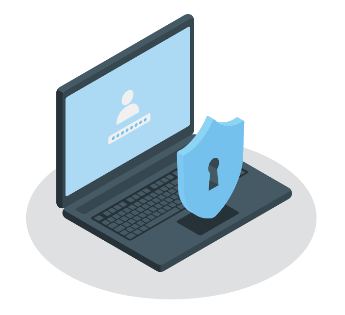 Cyber security illustration of a laptop and shield