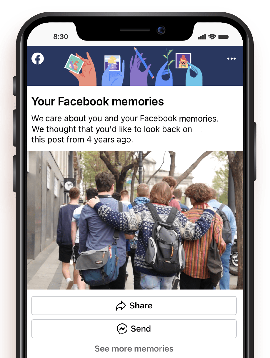 facebook memories page shown in an iphone X