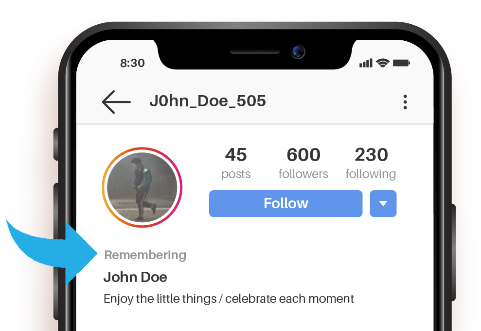 screenshot of an instagram profile with an arrow pointing to the word remembering