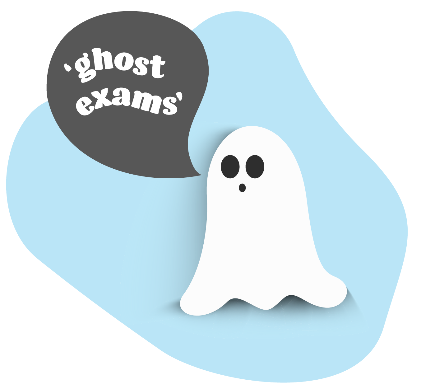 illustration of a ghost, with a speech bubble saying ghost exams