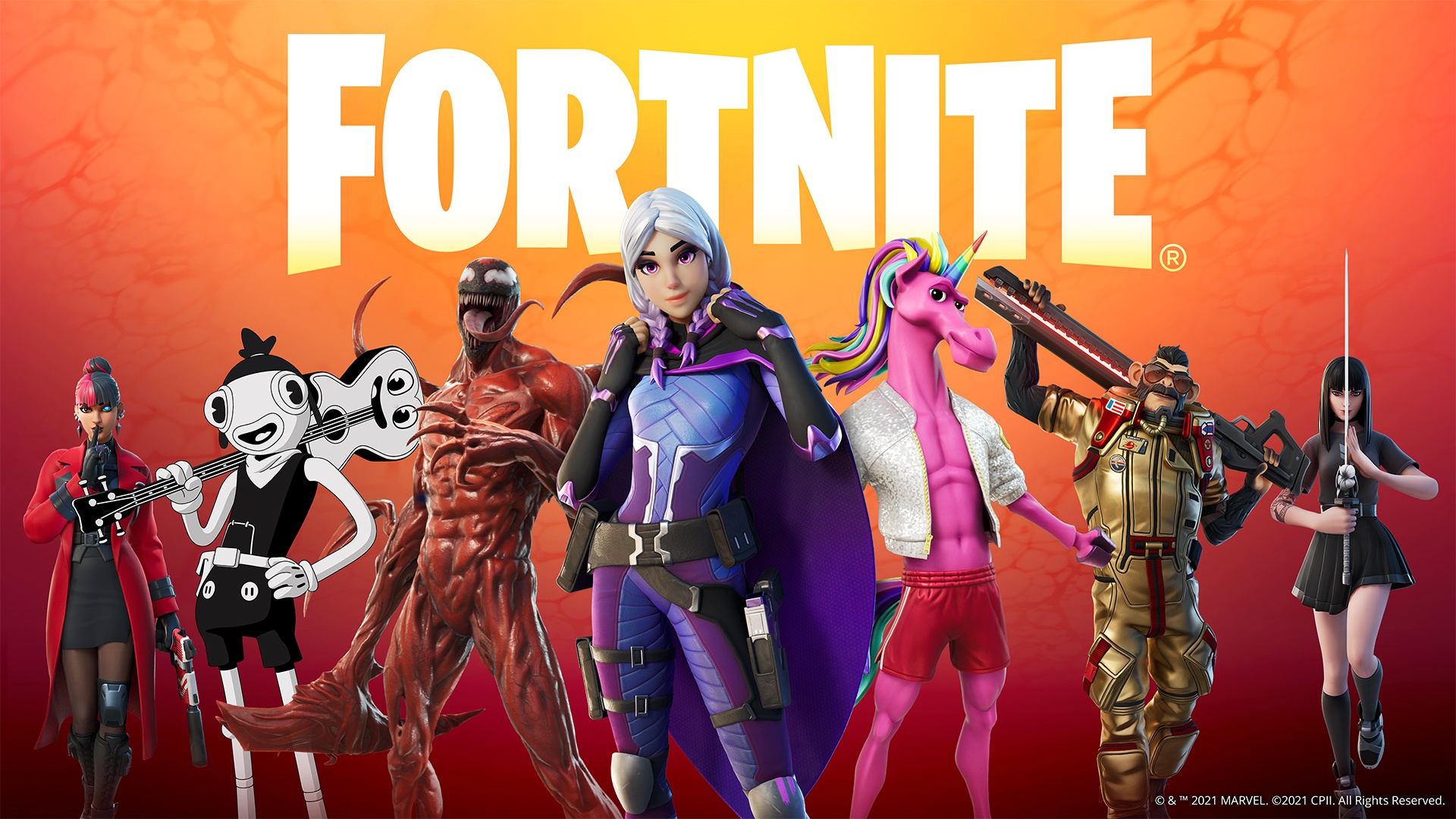 Seven Fortnite characters with Fortnite title 