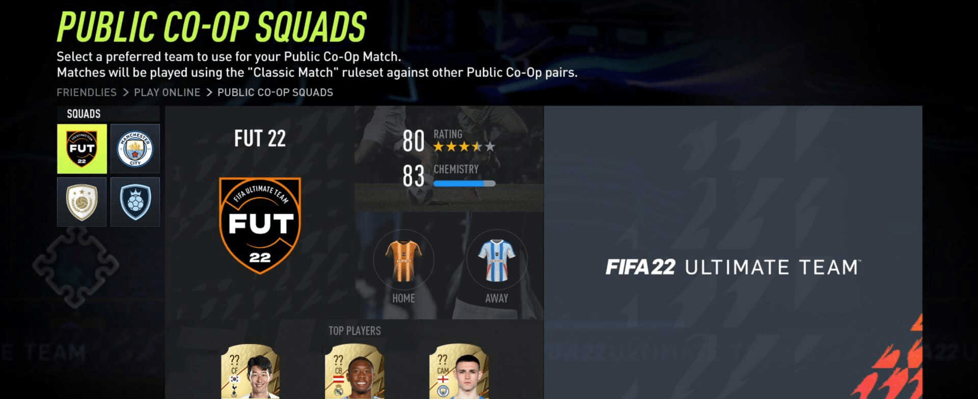 Screenshot of FIFA 22 Public Co-Op Squads screen