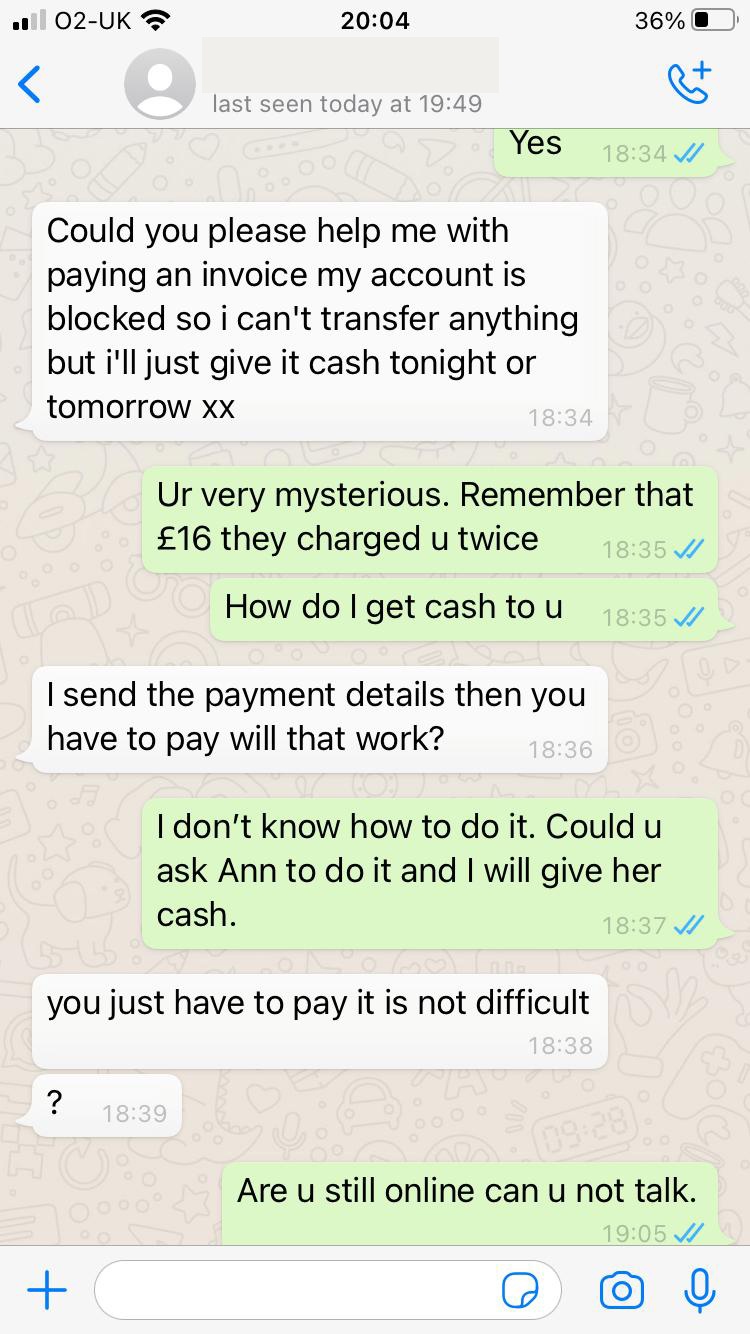 WhatsApp screenshot of scam asking for money