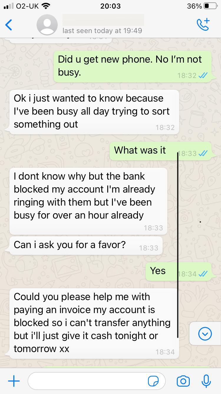 WhatsApp screenshot of scam asking for bank details