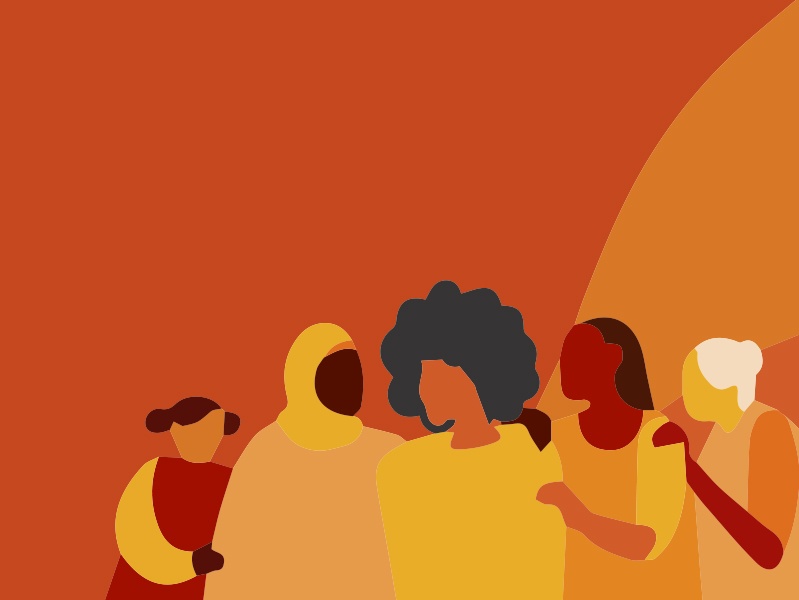 illustration in warm tones of women supporting each other