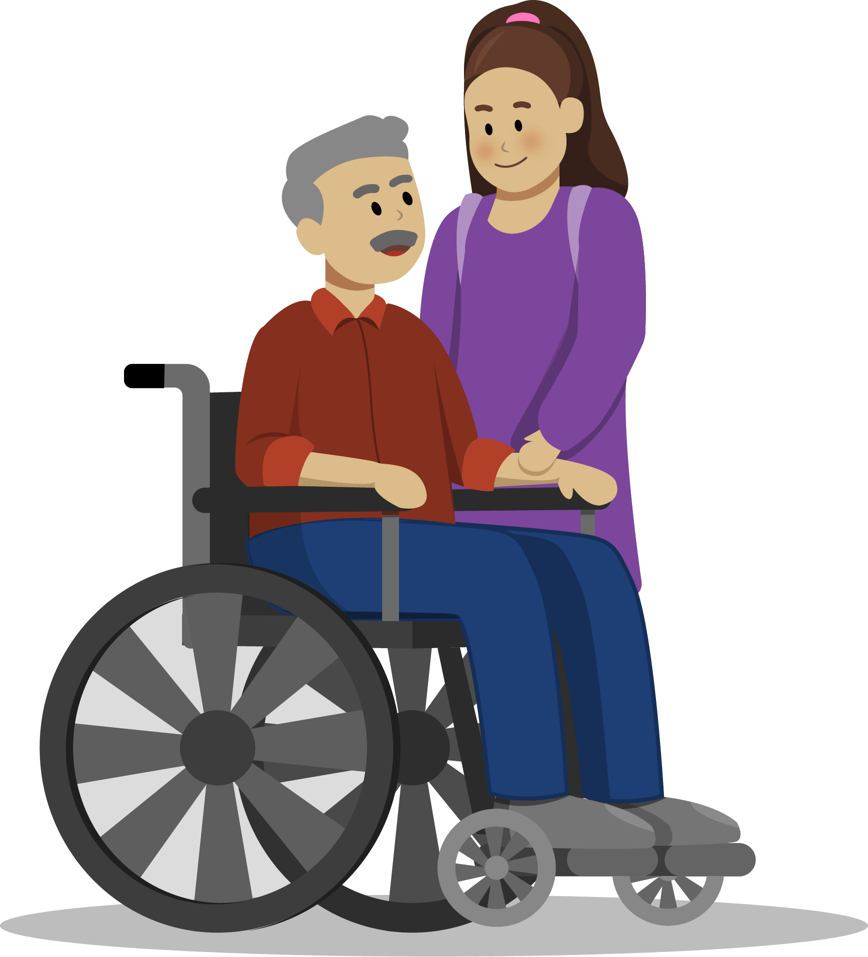 Illustration of a young carer for a man in a wheelchair