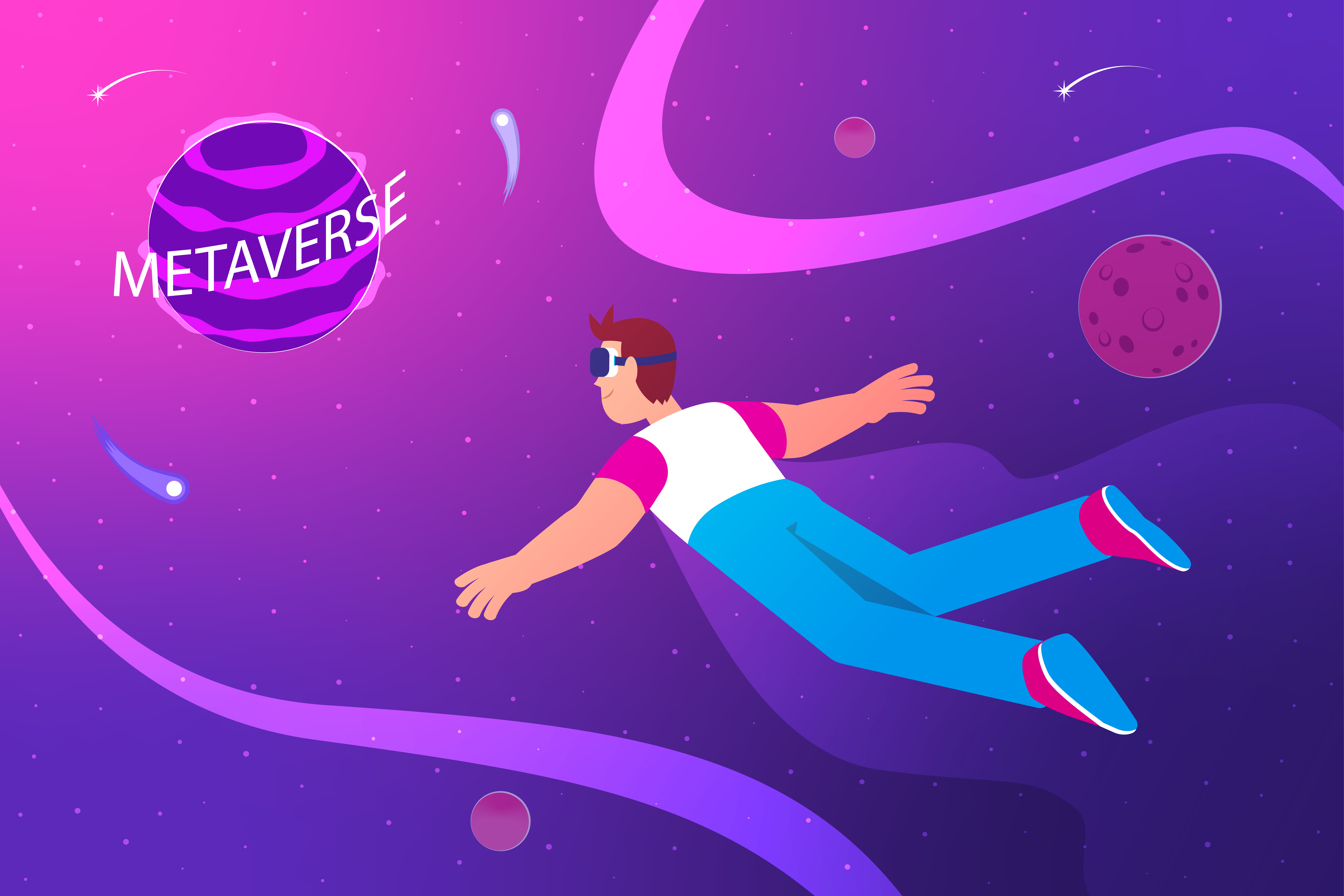 Illustration of a man traveling to the 'online universe' with VR headset on
