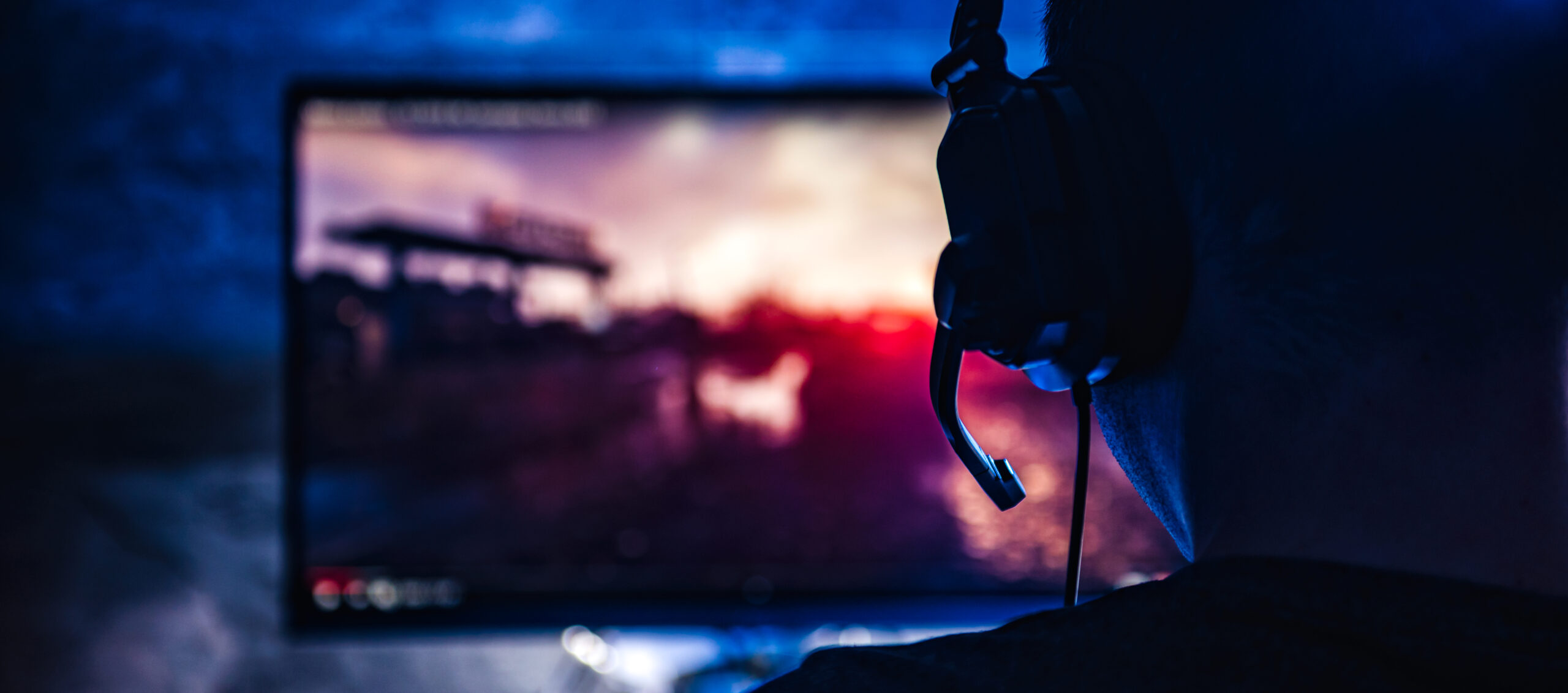 photo of the back of a young person on their computer gaming with a headset on