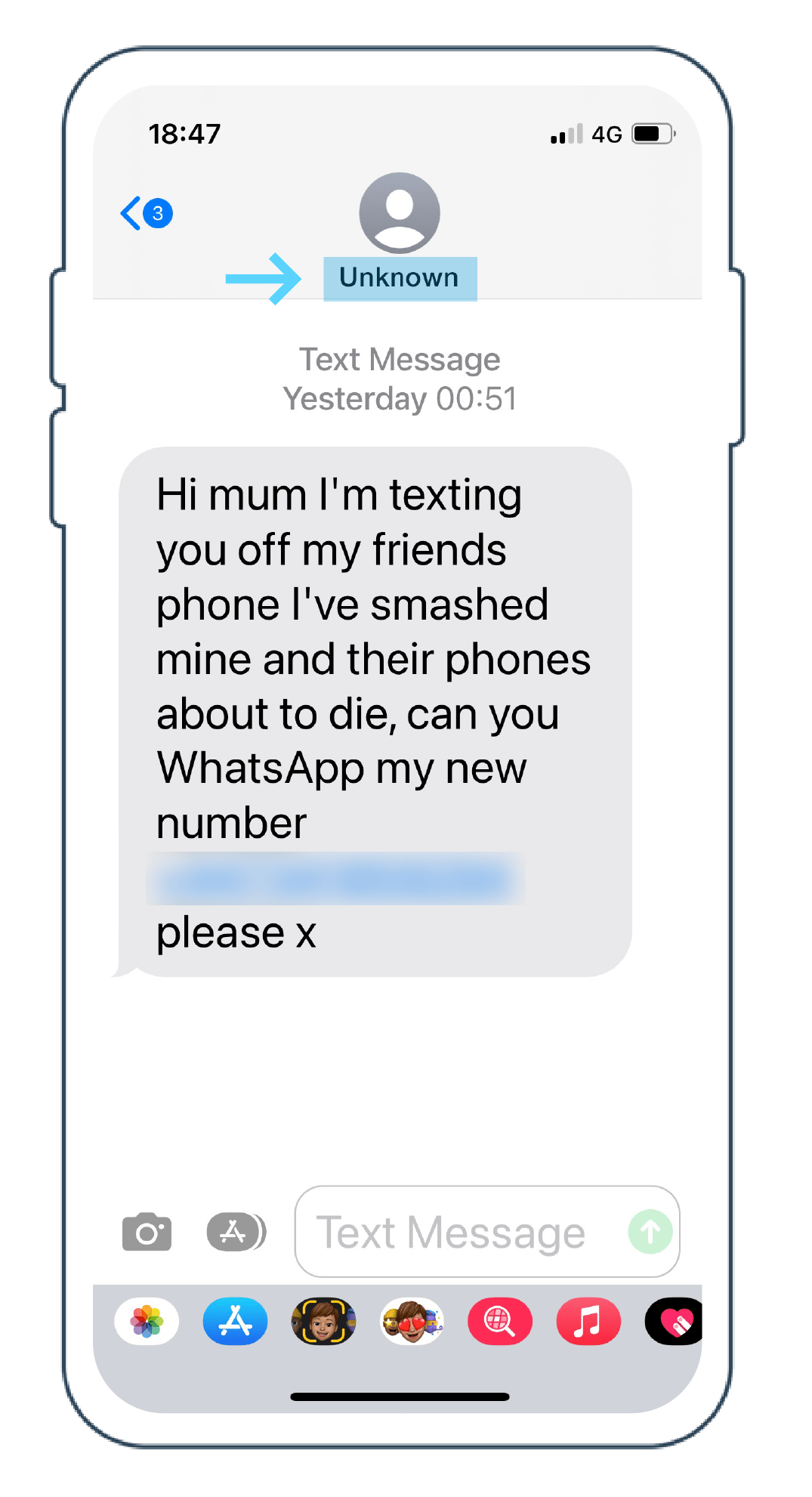Scam message highlighting an unknown number