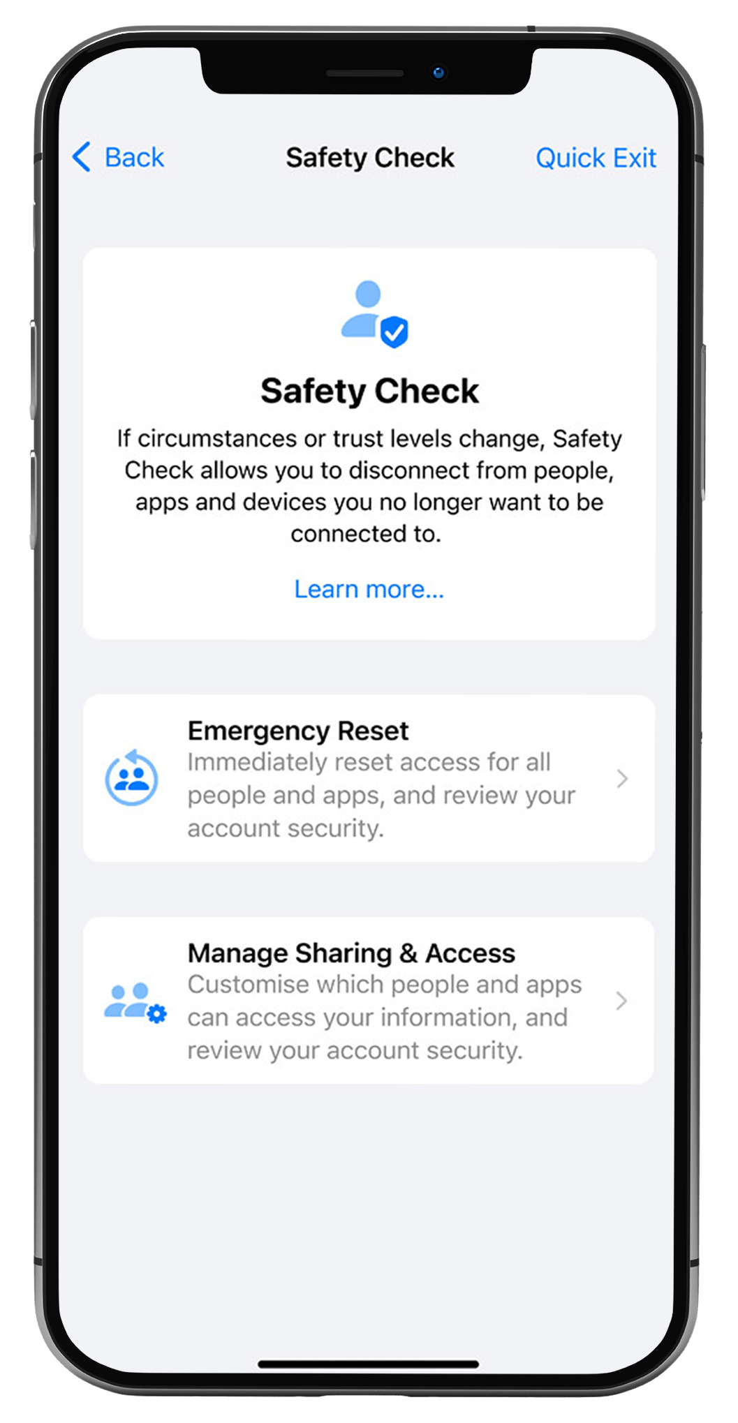 iOS 16 new safety check feature on a phone