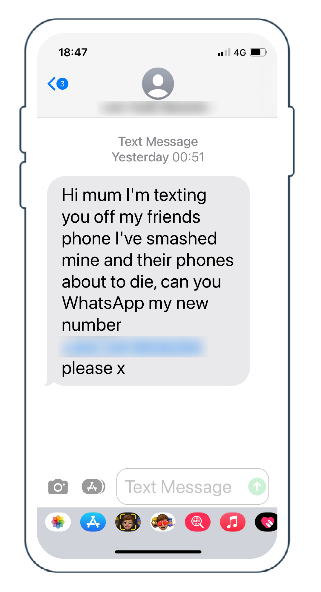 scam text message asking for mum to message their WhatsApp